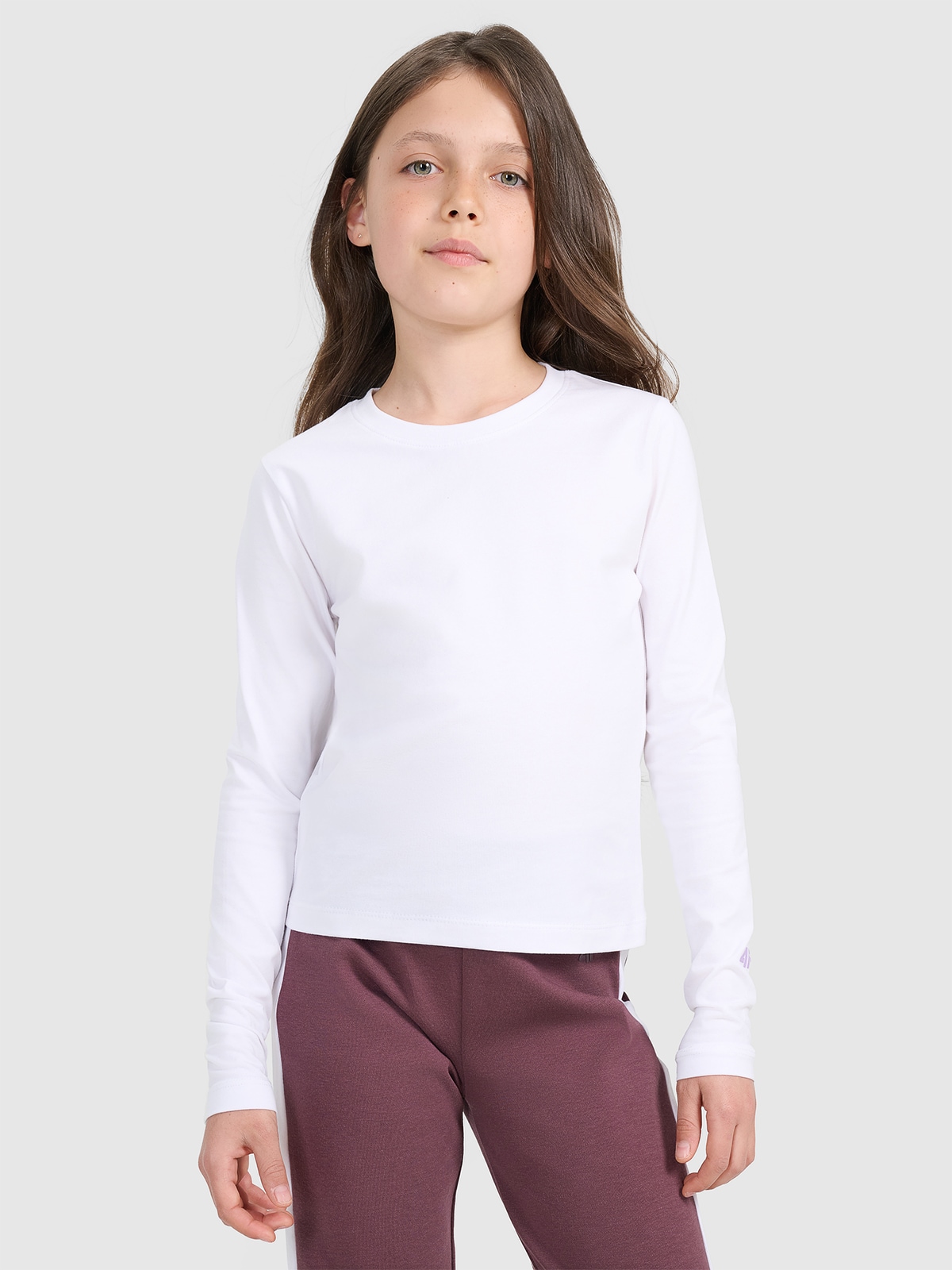 4F Tricou slim cu mânecă lungă unicolor pentru fete - alb