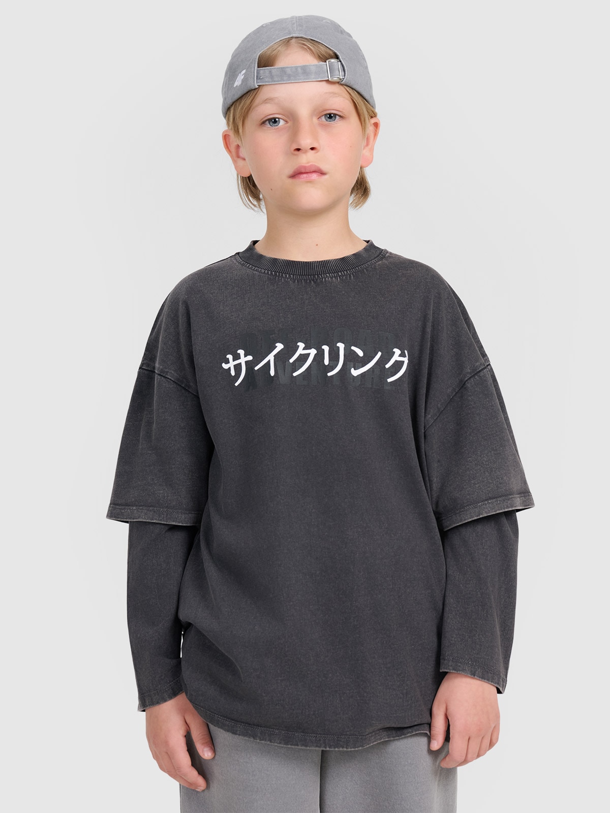 4F Tricou oversize cu mânecă lungă cu imprimeu pentru băieți - gri