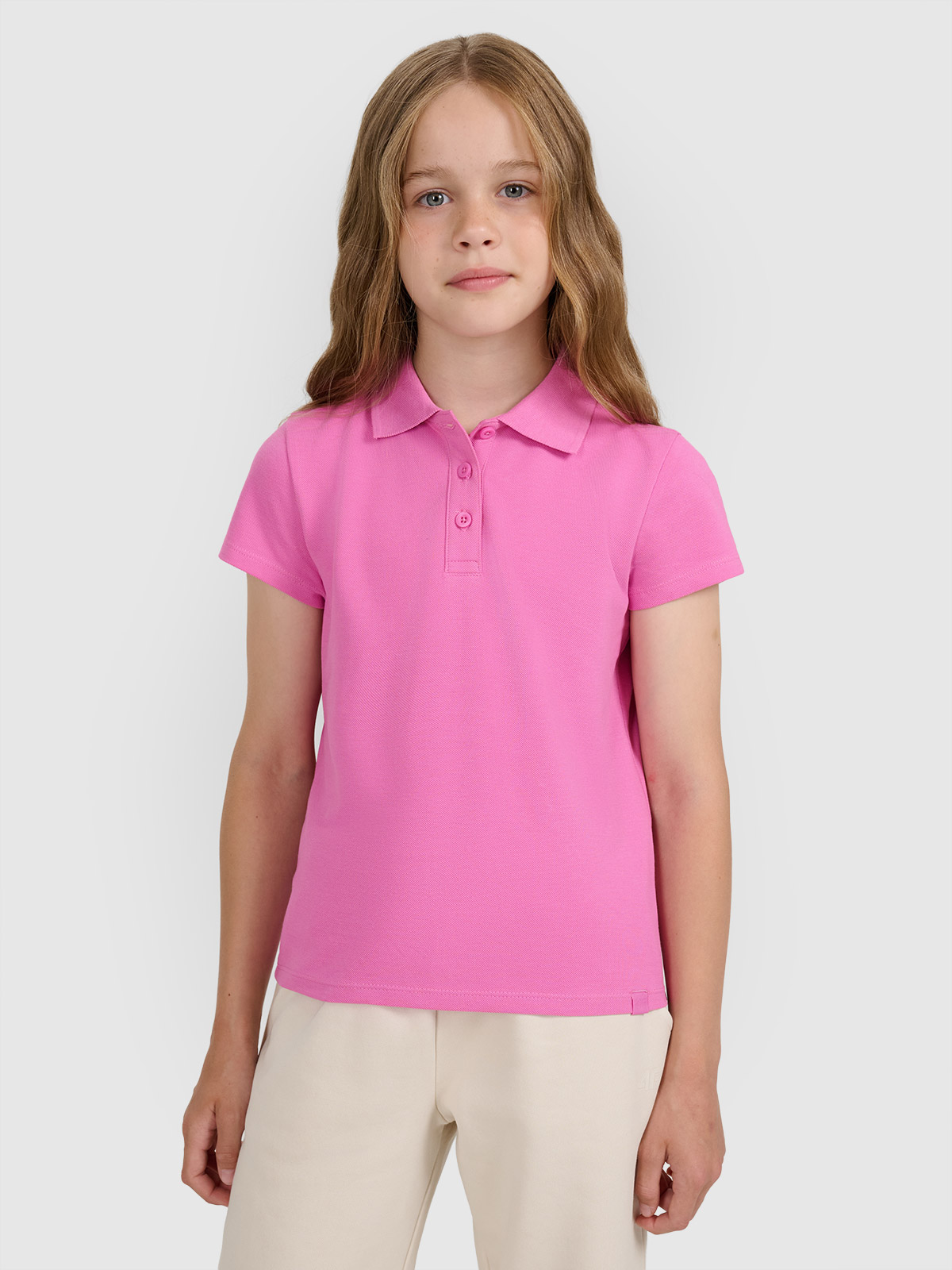 4F Koszulka polo slim dziewczęca - różowa 140 (9-10