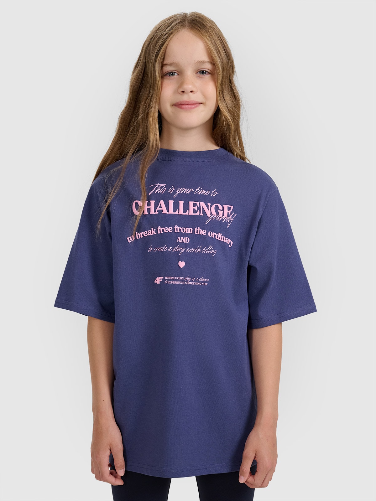4F T-shirt oversize z nadrukiem dziewczęcy - granatowy 164 (13-14