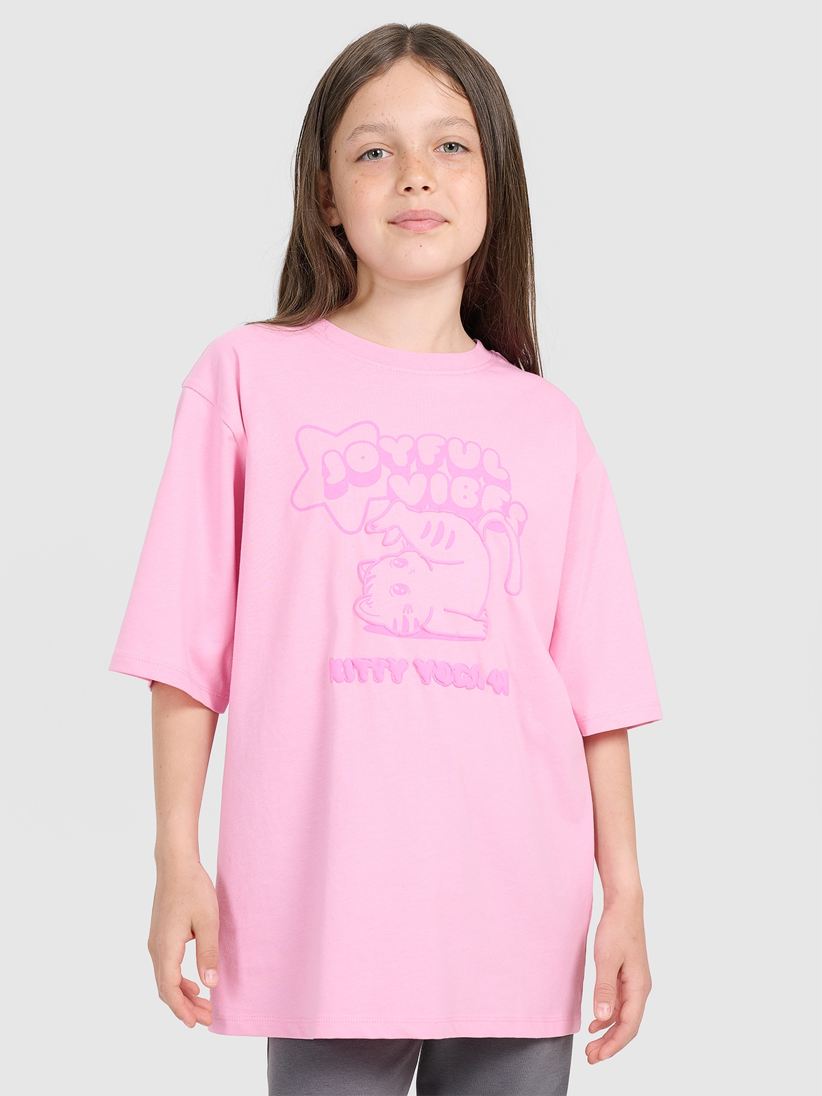 4F T-shirt oversize z nadrukiem dziewczęcy - różowy 158 (12-13