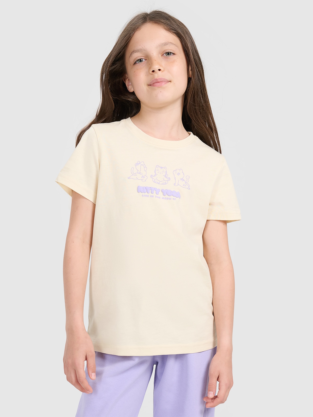 4F T-shirt regular z nadrukiem dziewczęcy - żółty 152 (11-12
