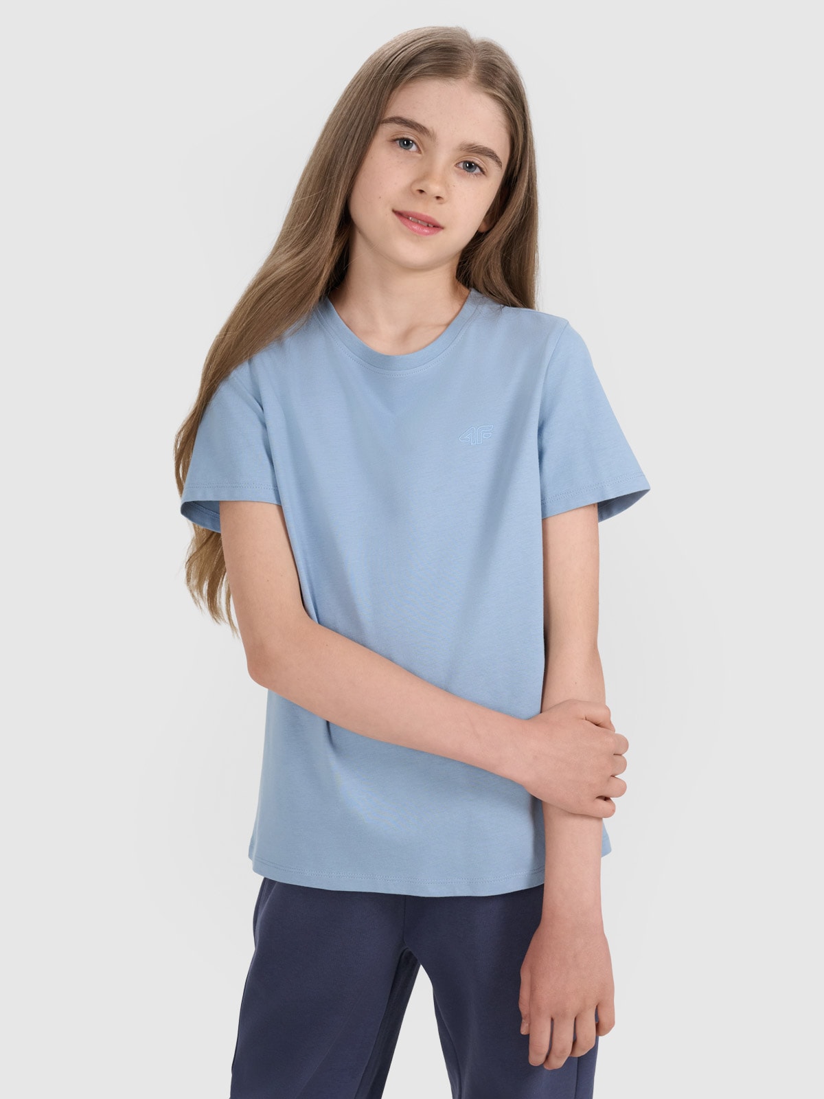 4F T-shirt regular gładki dziewczęcy - niebieski 146 (10-11