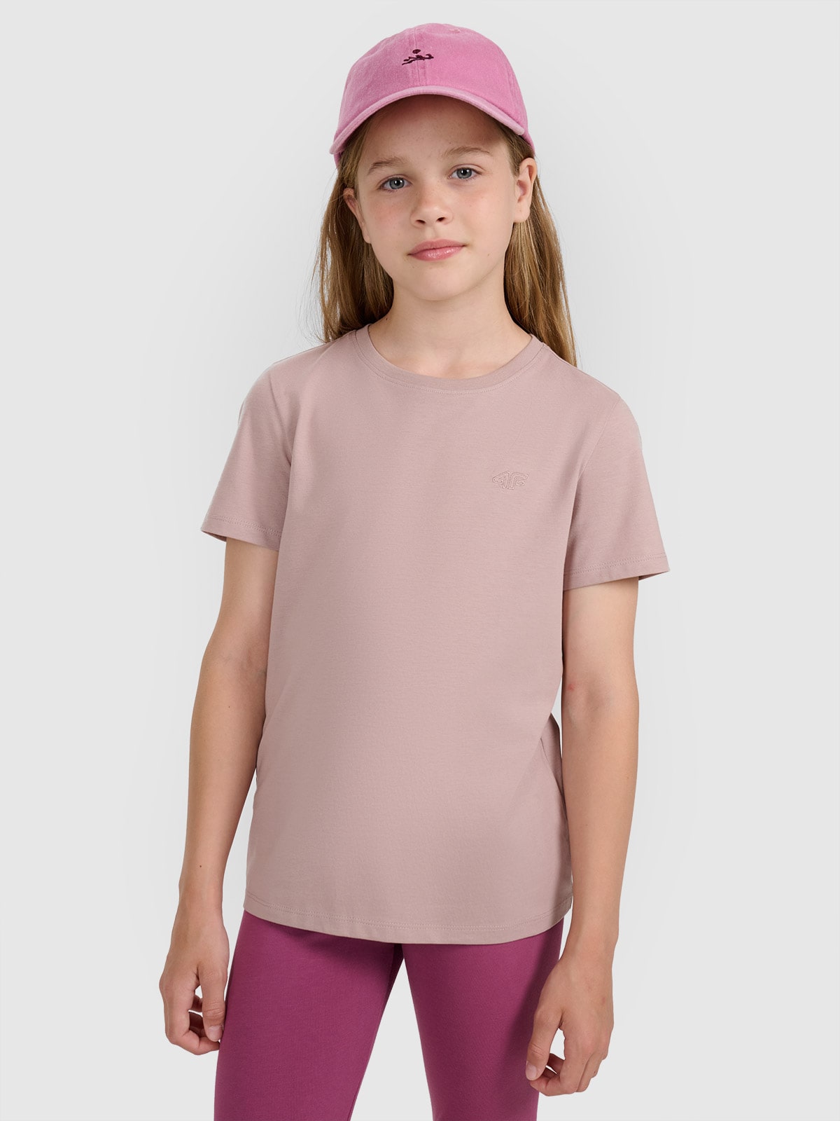 4F T-shirt regular gładki dziewczęcy - beżowy 146 (10-11