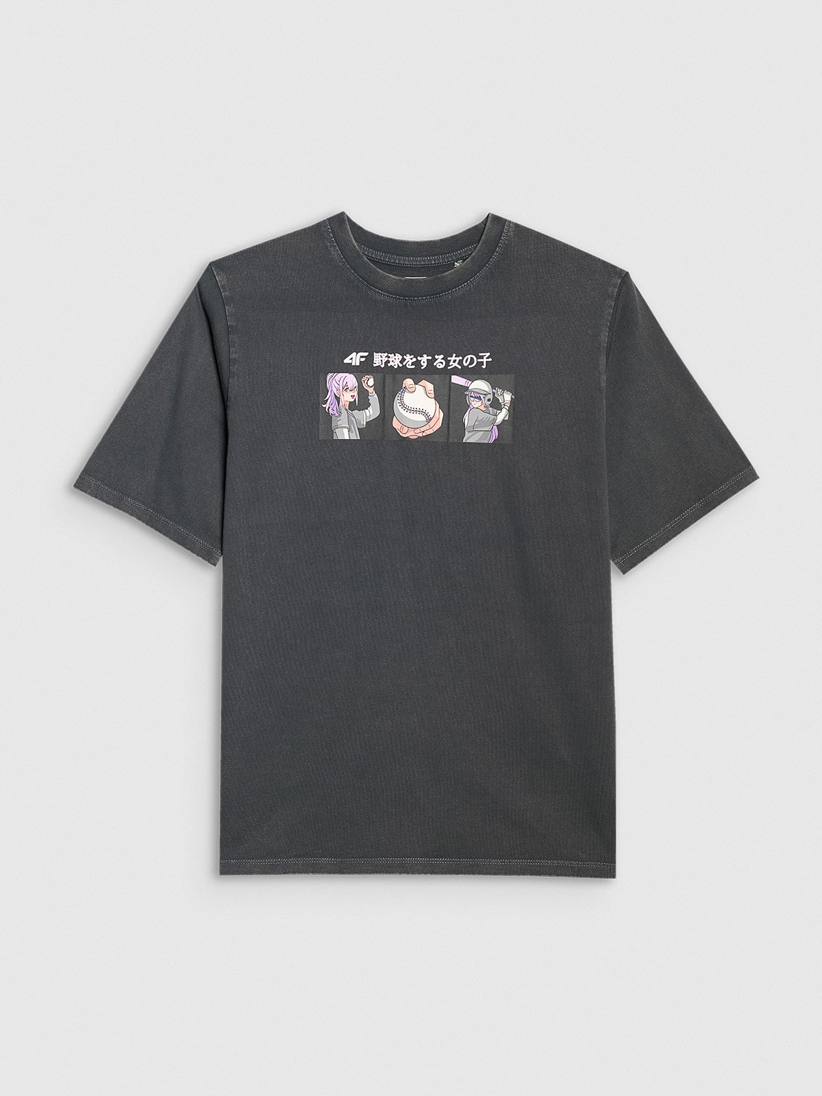 4F T-shirt oversize z nadrukiem dziewczęcy - szary 134 (8-9