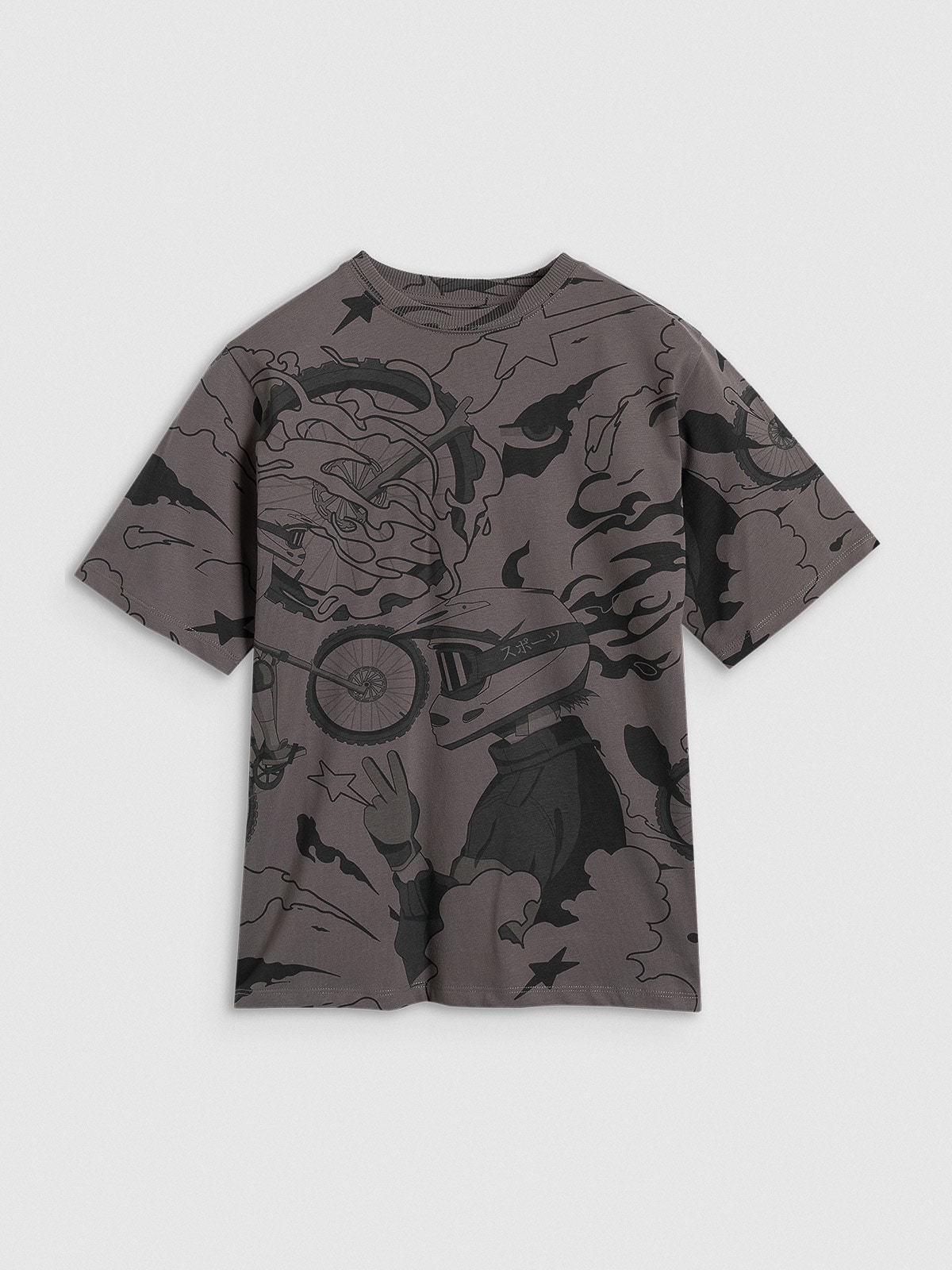 4F T-shirt oversize z nadrukiem chłopięcy - szary 158 (12-13