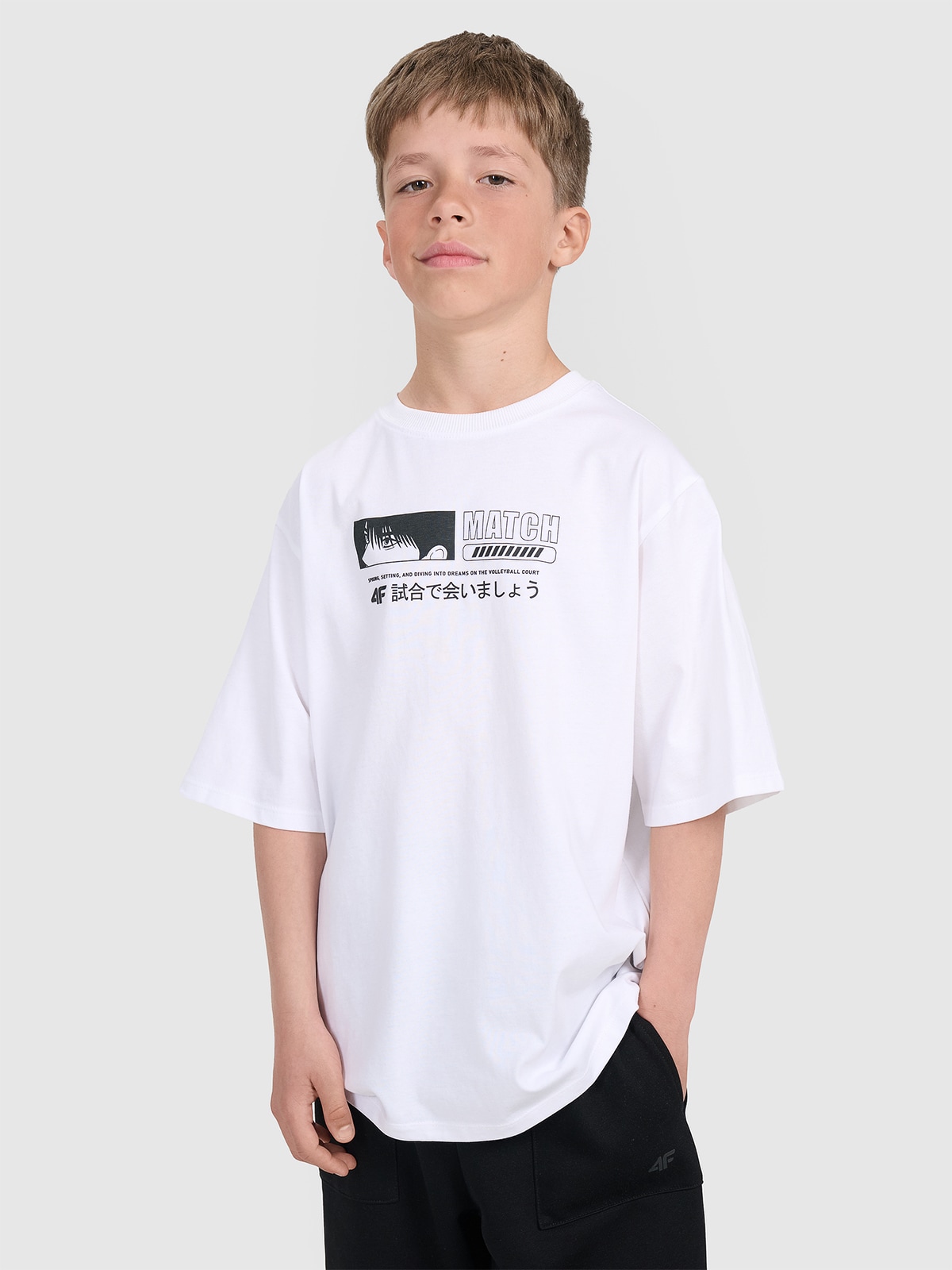 4F T-shirt oversize z nadrukiem chłopięcy - biały 158 (12-13