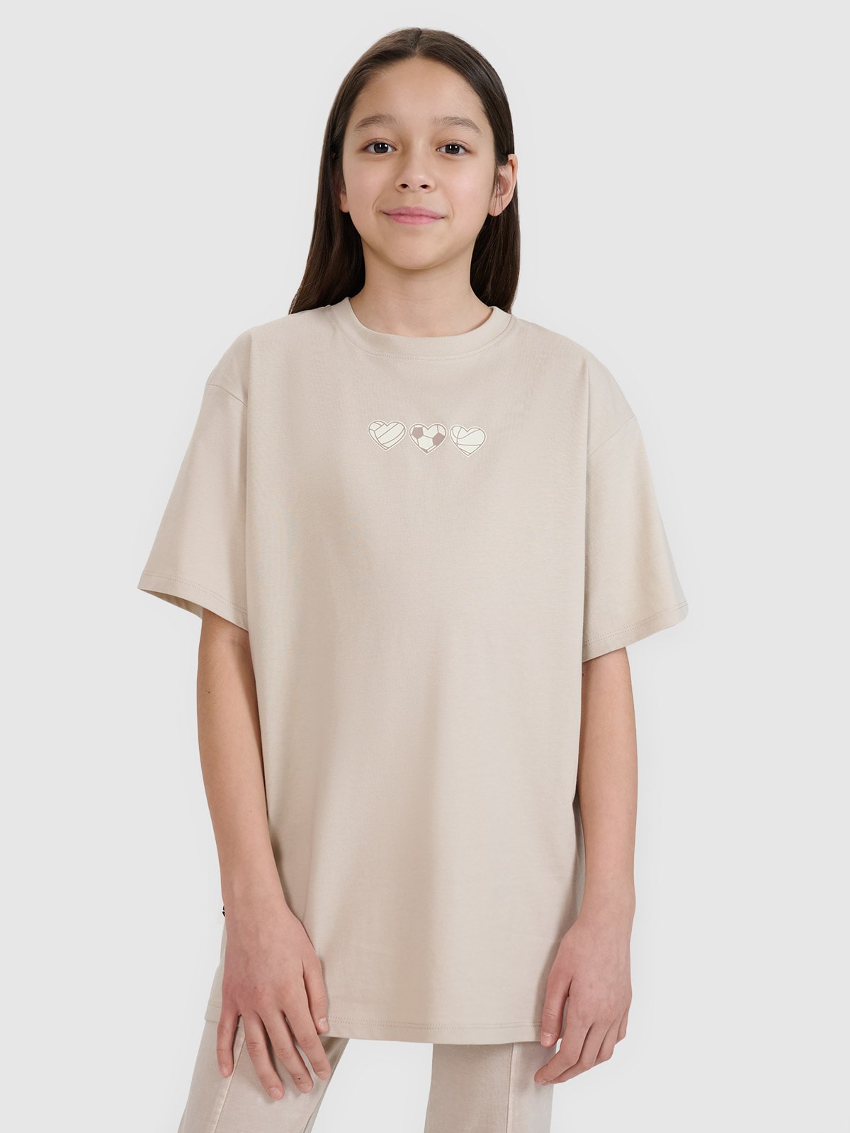 Tricou oversize cu imprimeu pentru fete - bej
