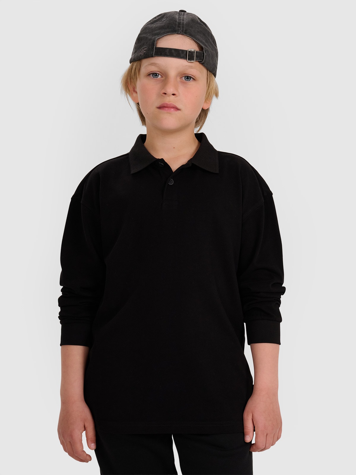 4F Tricou polo cu mânecă lungă regular pentru băieți - negru