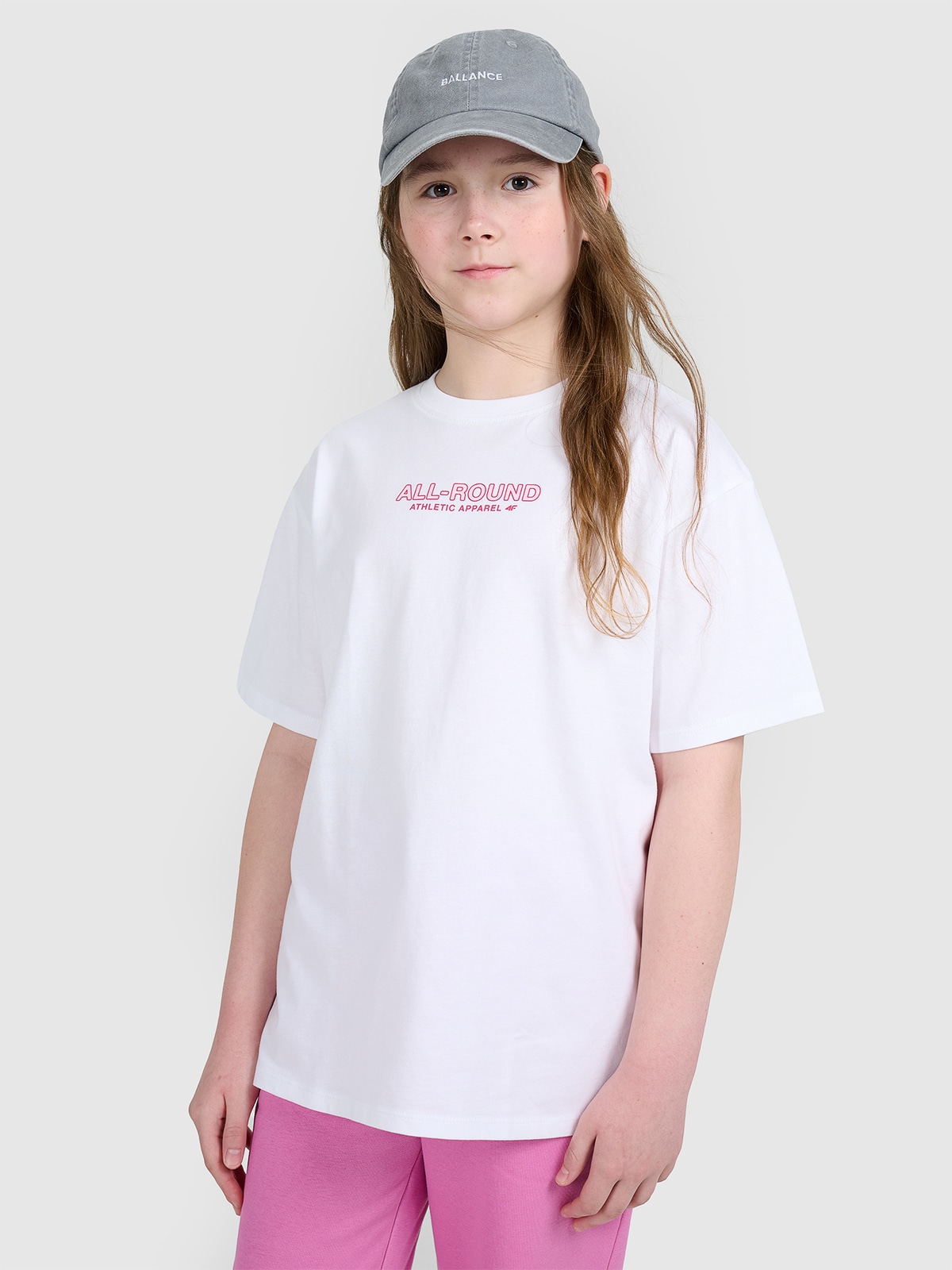 4F T-shirt oversize z nadrukiem dziewczęcy - biały 128 (7-8