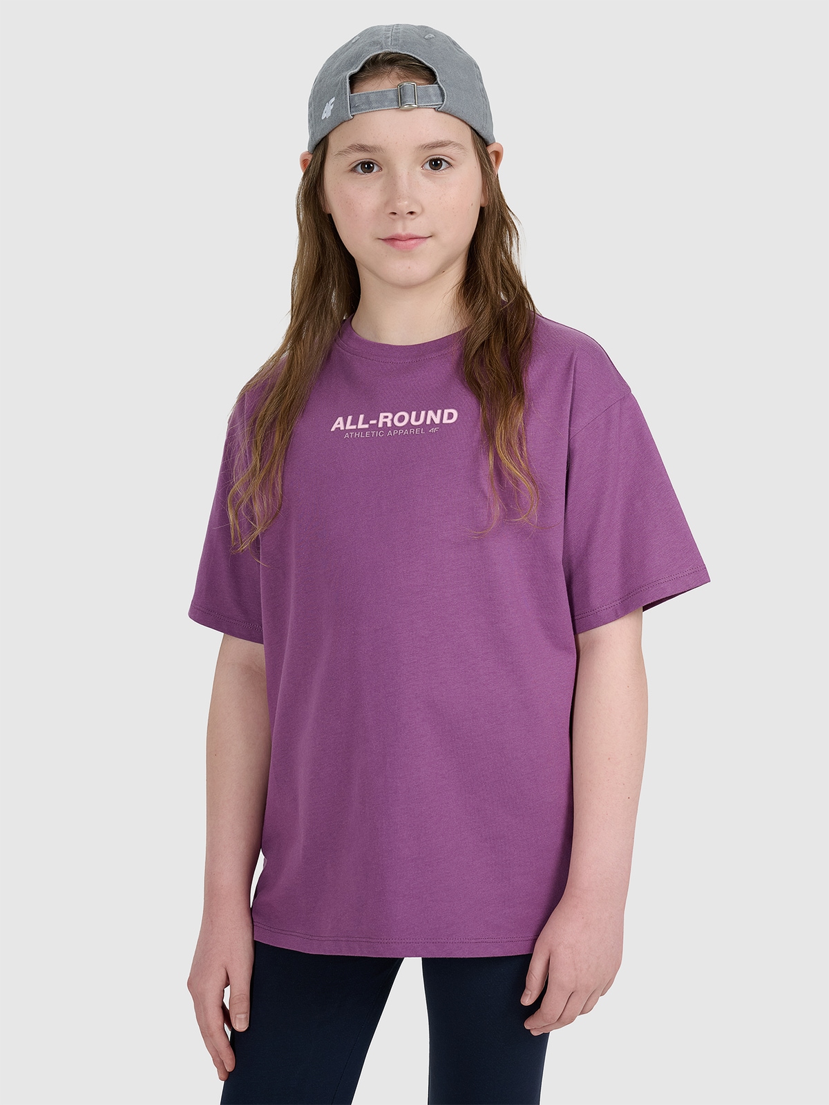 4F T-shirt oversize z nadrukiem dziewczęcy - fioletowy 140 (9-10
