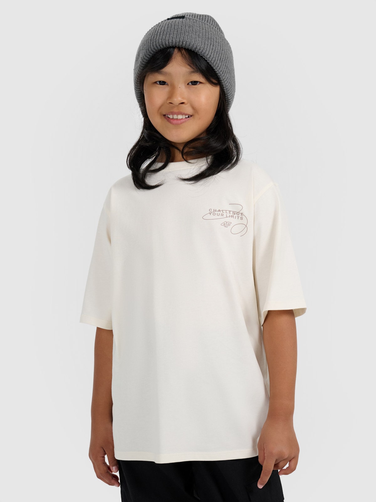 4F T-shirt oversize z nadrukiem dziewczęcy - biały 134 (8-9