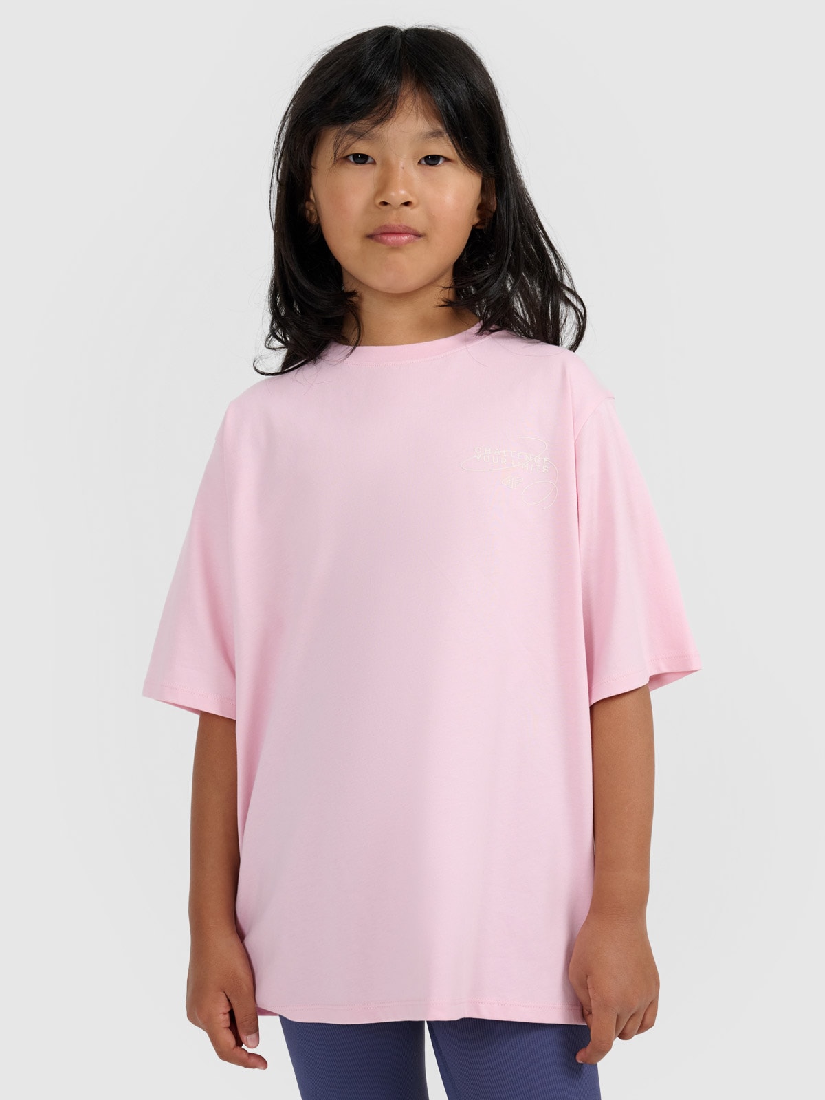 4F T-shirt oversize z nadrukiem dziewczęcy - różowy 128 (7-8