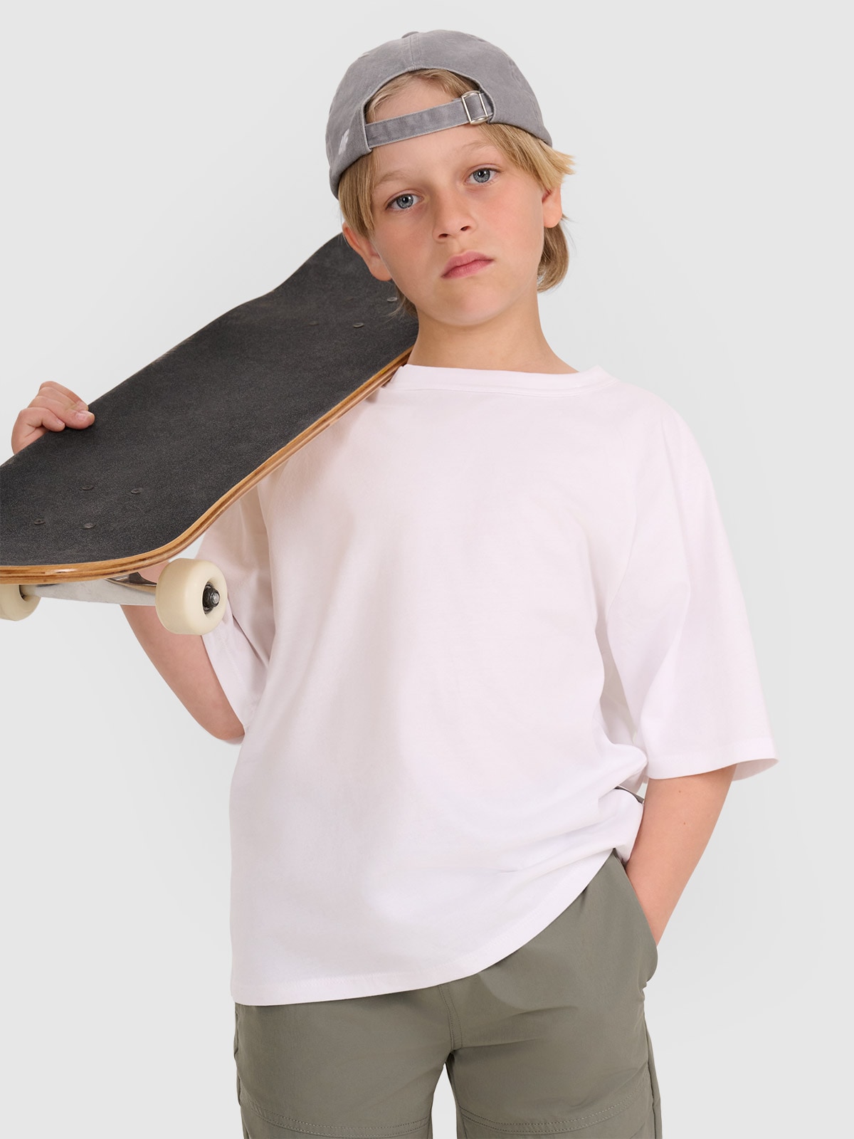4F T-shirt oversize gładki chłopięcy - biały 158 (12-13
