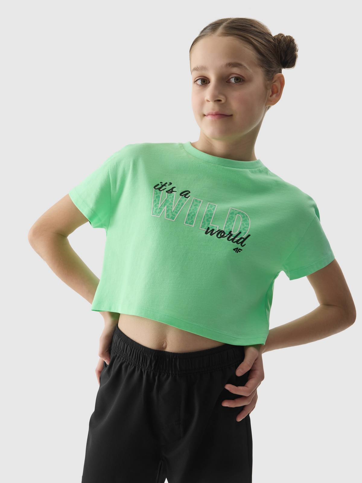 Tricou crop-top cu imprimeu pentru fete - verde