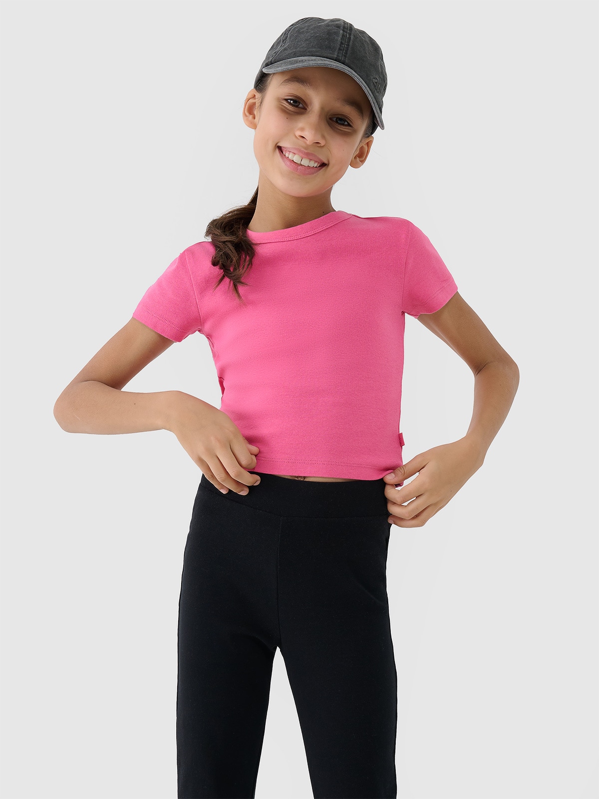 Tricou slim crop-top unicolor pentru fete - roz