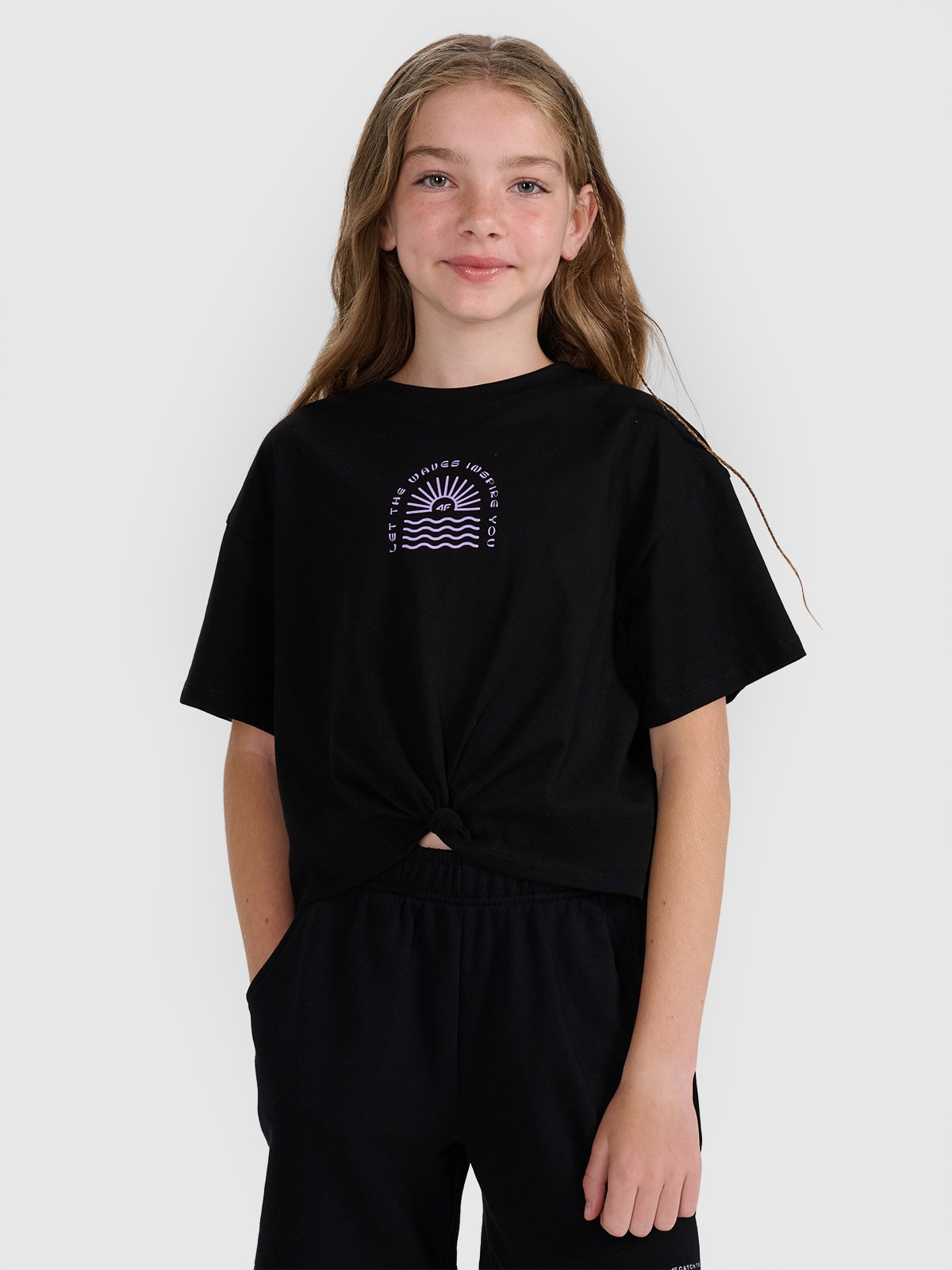 4F Tricou oversize crop top cu imprimeu pentru fete - negru