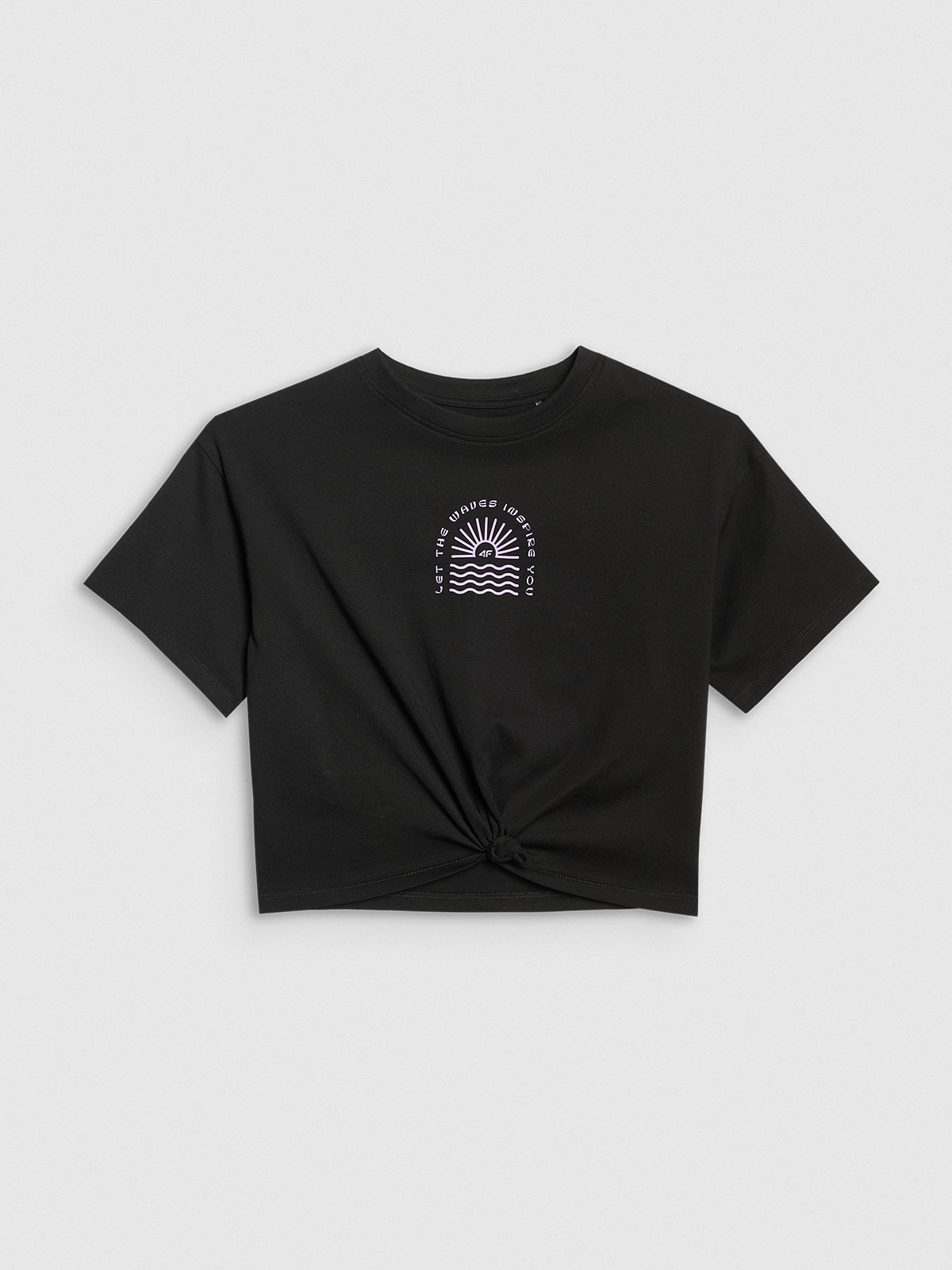4F T-shirt oversize crop top z nadrukiem dziewczęcy - czarny 122 (6-7