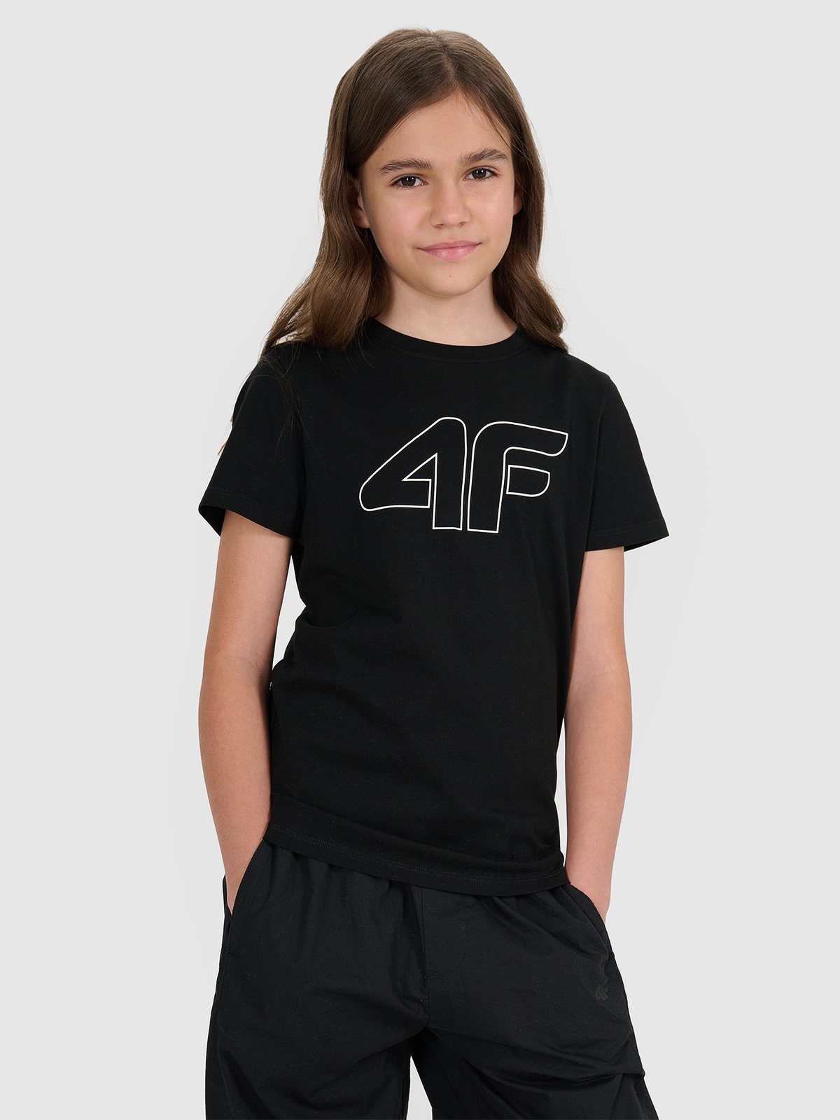 4F T-shirt regular z nadrukiem dziewczęcy - czarny 122 (6-7