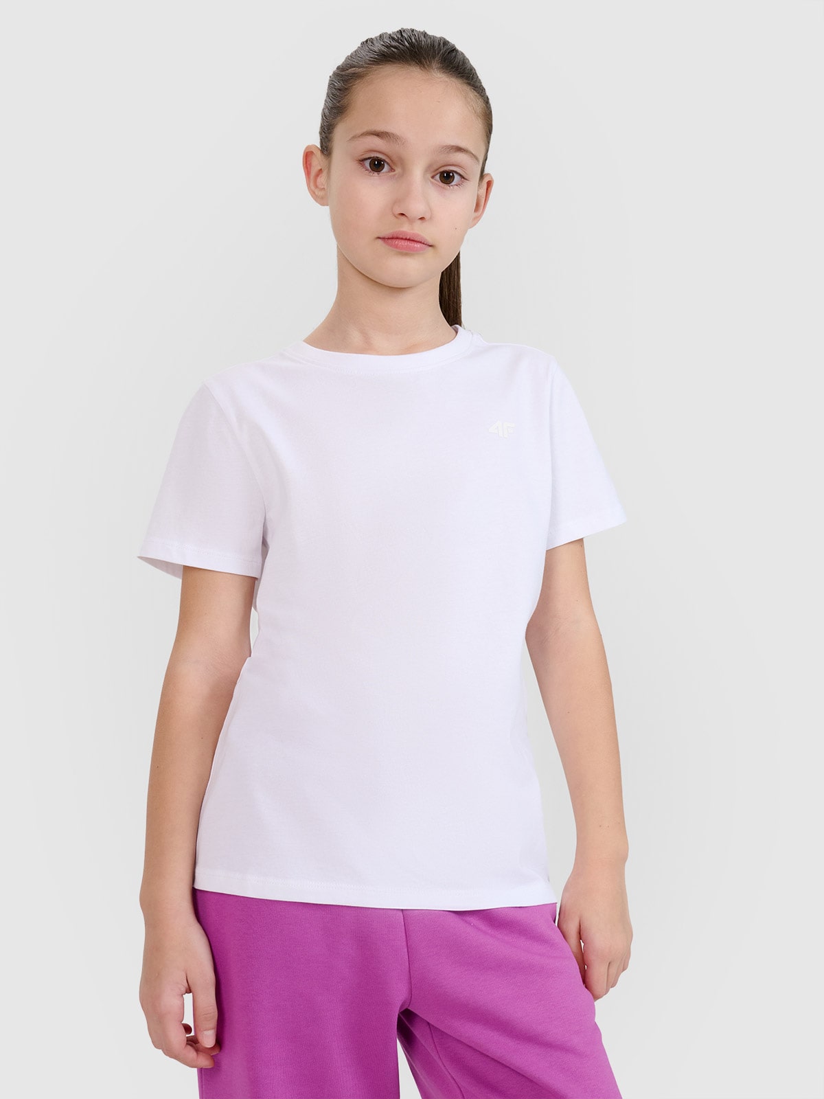 4F T-shirt regular gładki dziewczęcy - biały 128 (7-8
