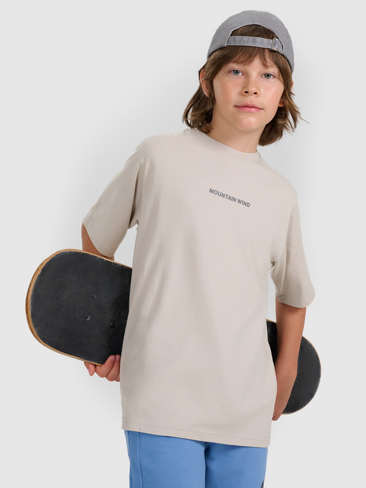 4F T-shirt oversize z nadrukiem chłopięcy - szary 152 (11-12