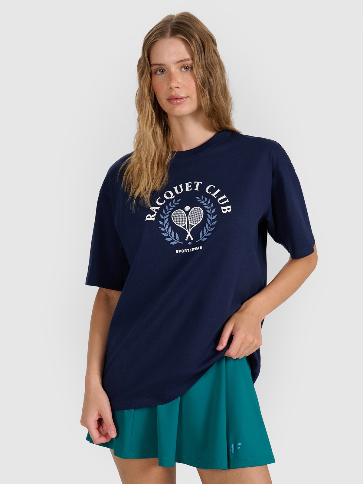 4F T-shirt oversize z nadrukiem damski - granatowa