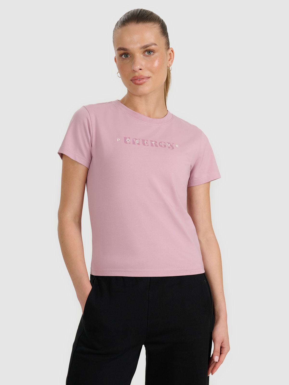 4F T-shirt slim z nadrukiem damski - różowy