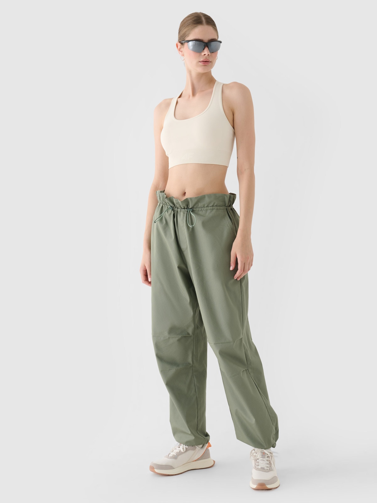 Pantaloni casual parachute oversize pentru femei - verde măsliniu/kaki