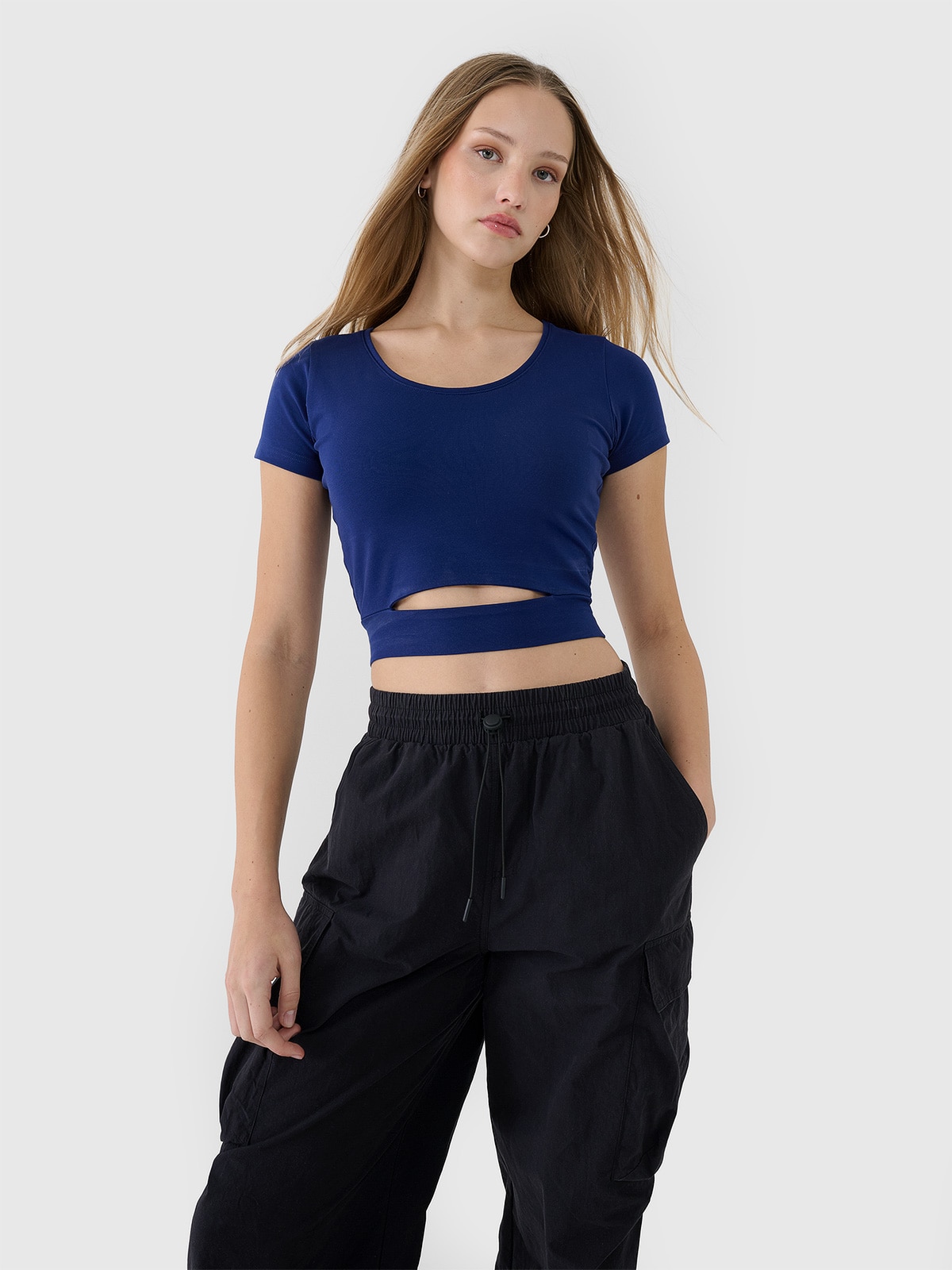 Tricou crop top neted pentru femei - bleumarin