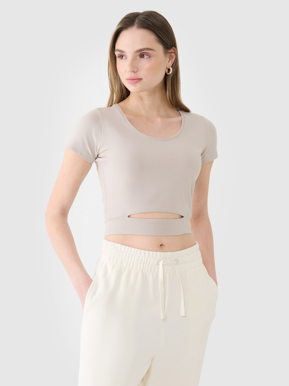 Tricou crop top neted pentru femei - bej