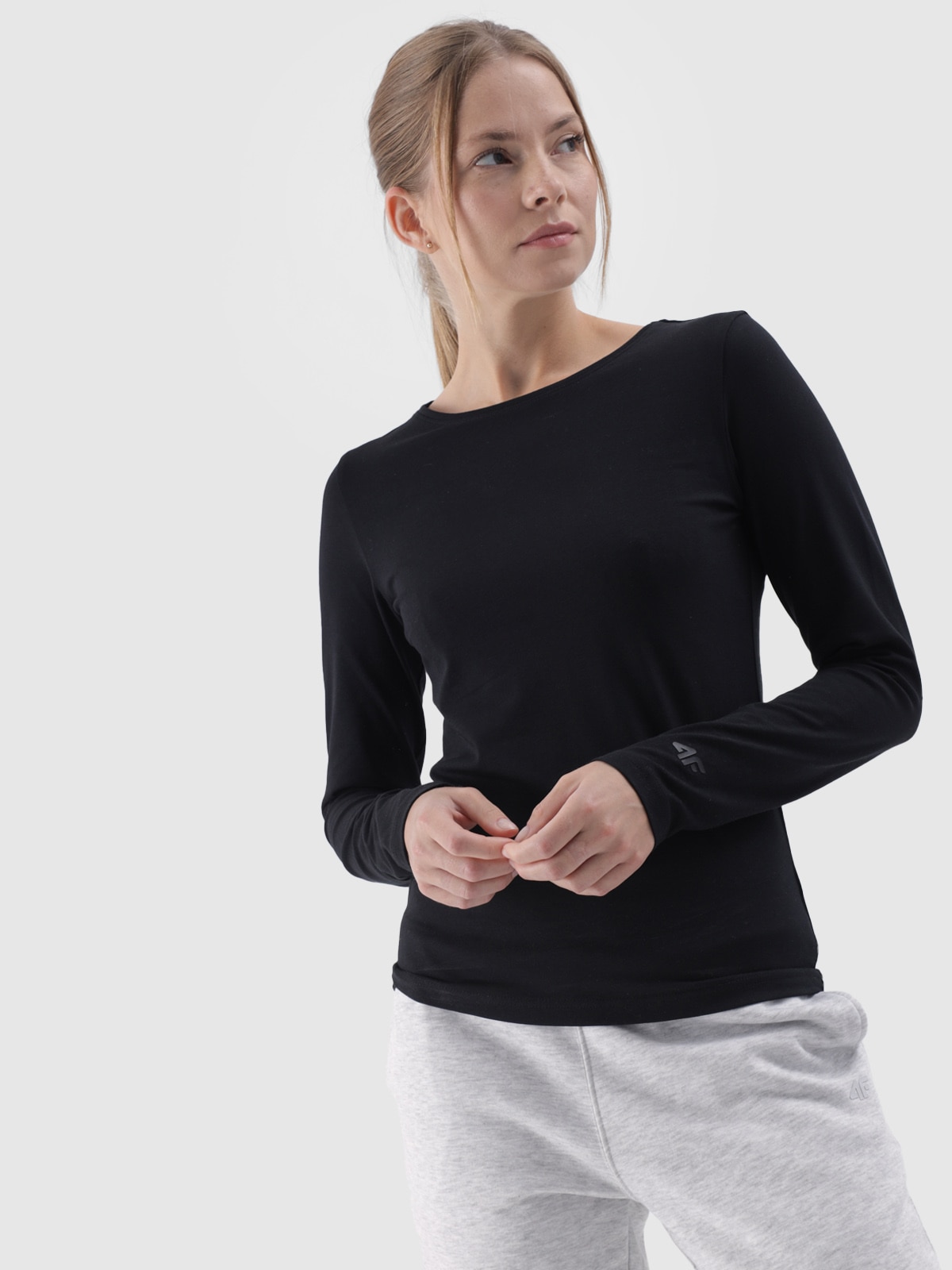 Tricou slim cu mânecă lungă unicolor pentru femei - negru