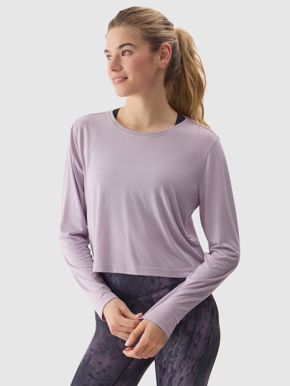 Tricou crop-top cu mânecă lungă de yoga cu adaos de modal pentru femei - mov