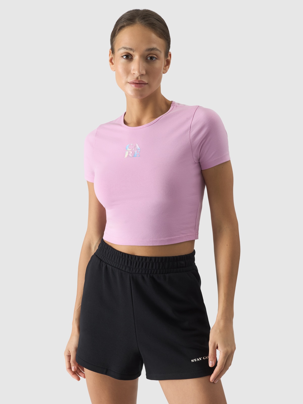 Dámské tričko crop top s potiskem - pudrově růžové