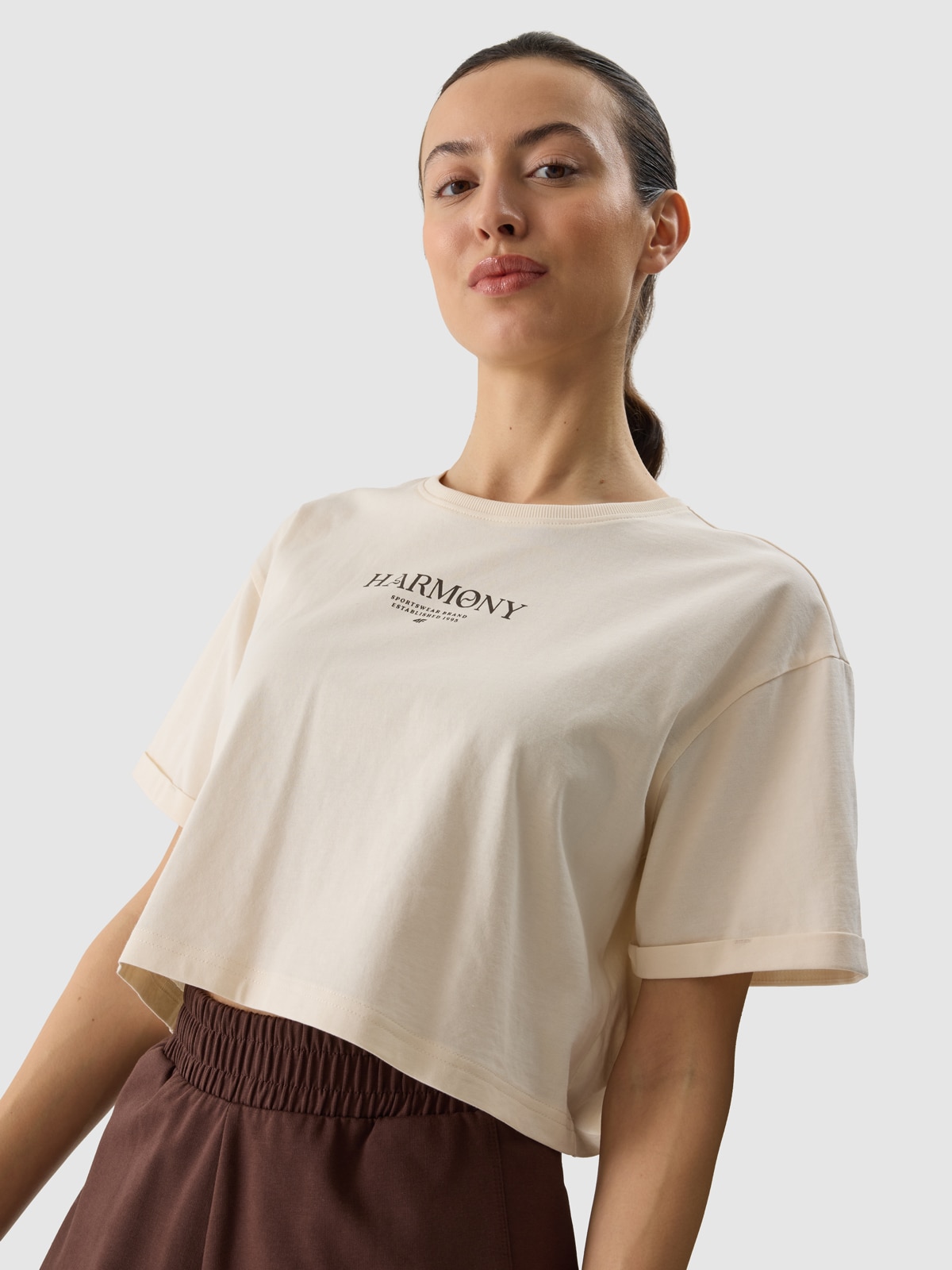 Dámské tričko crop top s potiskem - krémové