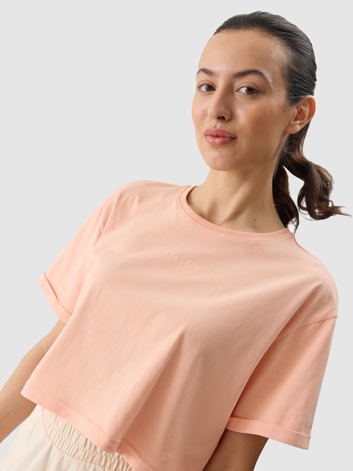 Dámské tričko crop top s potiskem - korálové