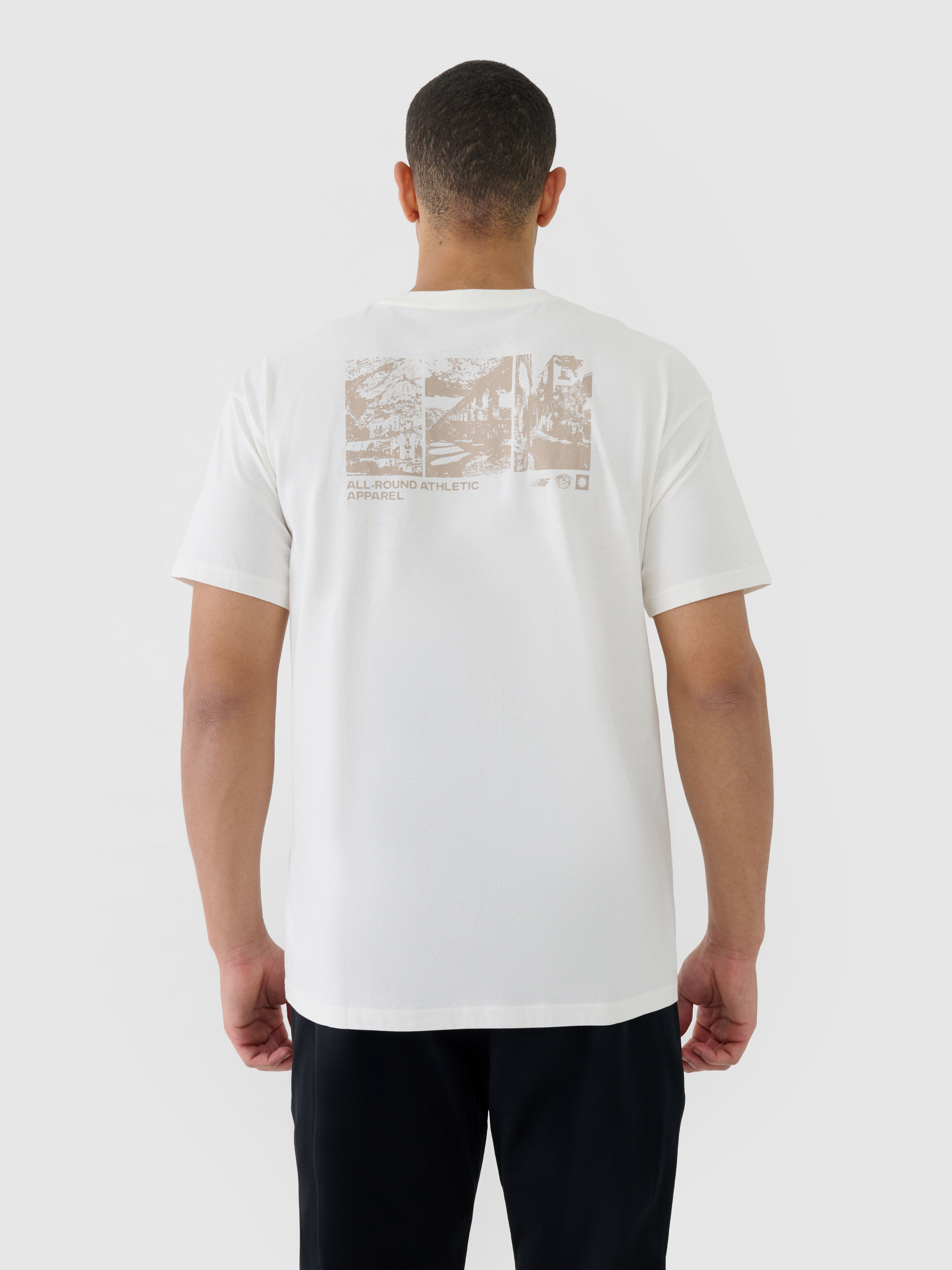 T-shirt oversize z nadrukiem męski - beżowy | 4F - sportowa