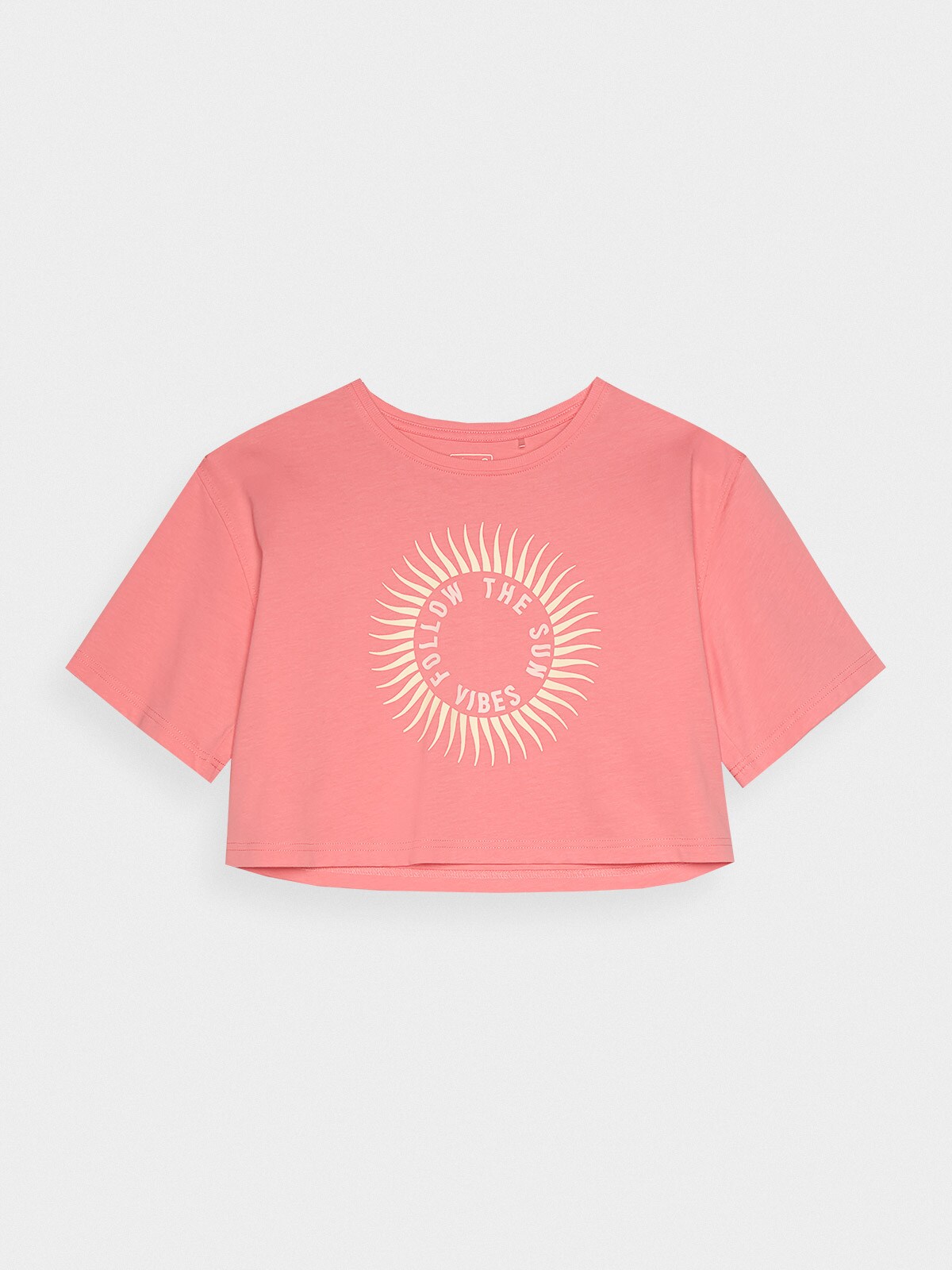 Women's crop-top T-shirt with print - salmon | 4F