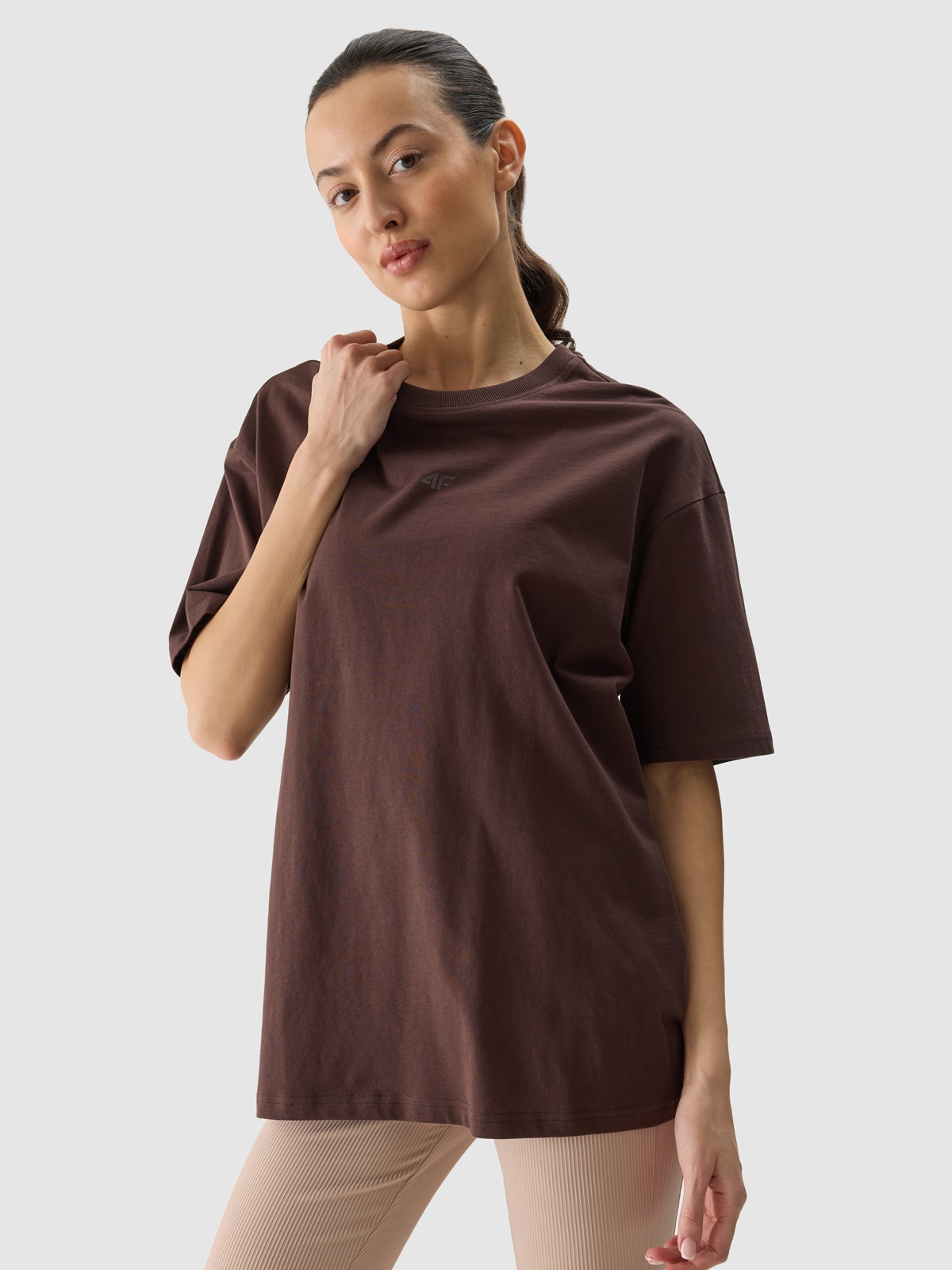 T-shirt oversize gładki damski - brązowy | 4F - sportowa