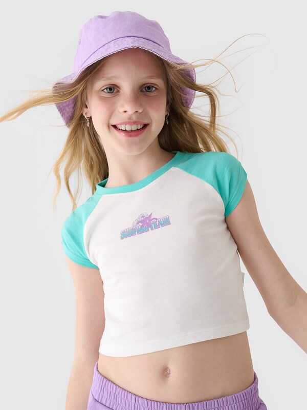 Girl's cropped T-shirt with print - turquoise | 4F