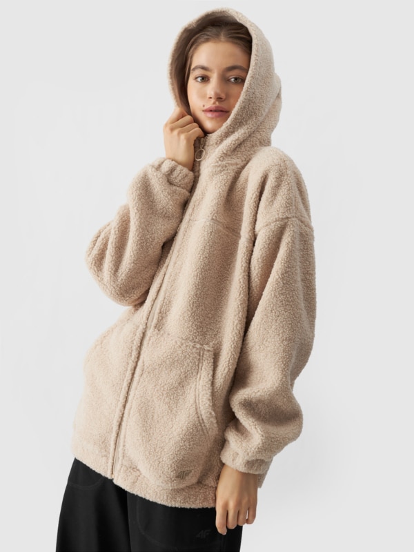 Women s zip up Sherpa fleece with hood cream 4F Sportswear and shoes