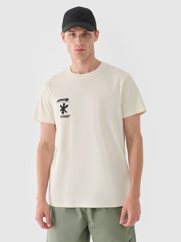 T-shirt regular z nadrukiem męski - beżowy | 4F - sportowa