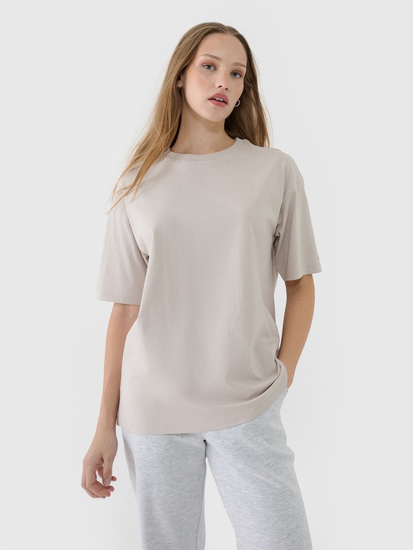 T-shirt oversize gładki damski - beżowy | 4F - sportowa