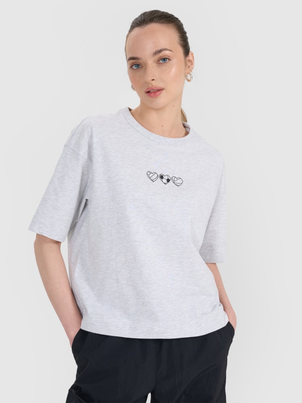 T-shirt oversize z nadrukiem damski - szary | 4F - sportowa
