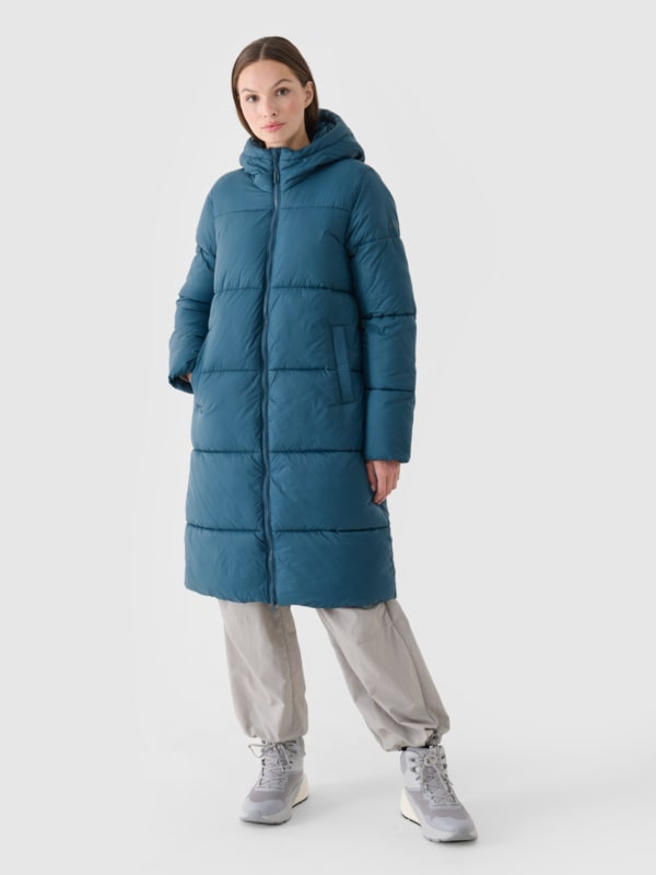 Women s long synthetic padded down coat turquoise 4F Sportswear and shoes