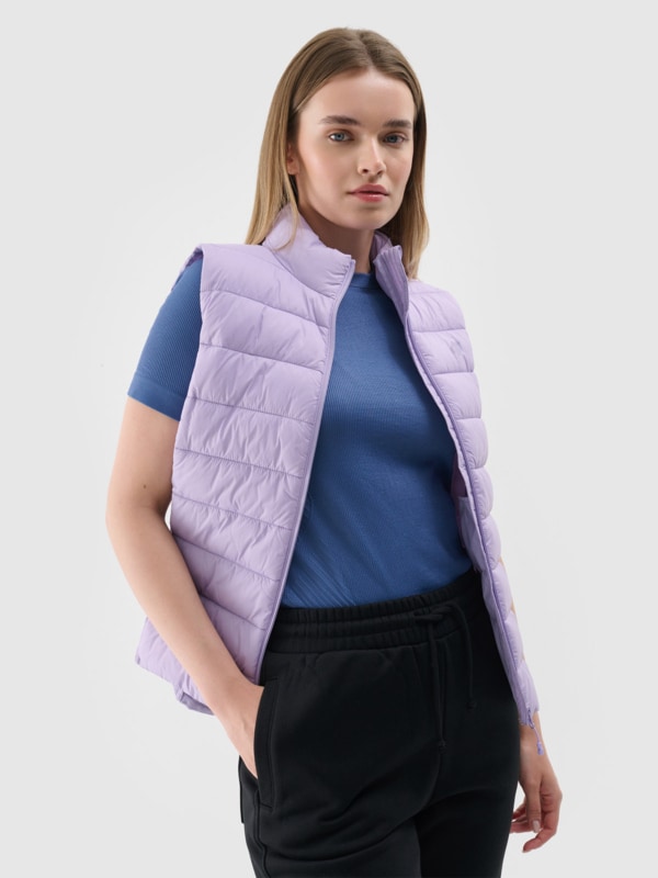 Women s quilted down vest with stand up collar purple