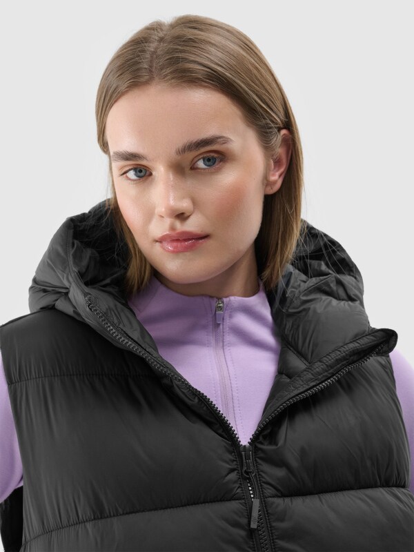 Black puffer vest with hood on sale