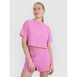T-shirt crop top z waflowej dzianiny damski - różowy | 4F